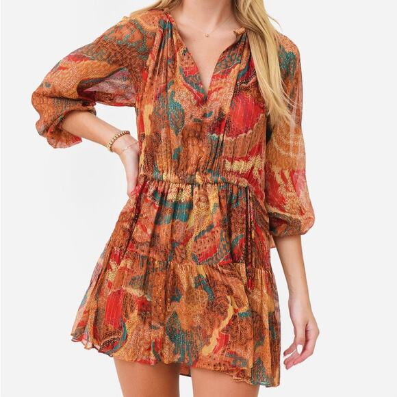 ALC Long Sleeve Silk Mini Dress V Neck Cinched Waist - Picture 7 of 9